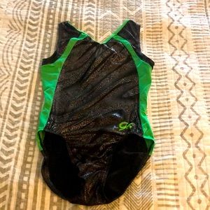 GK Elite Leotard. Green & Black & Shiny Silver. AXS will fit child too
